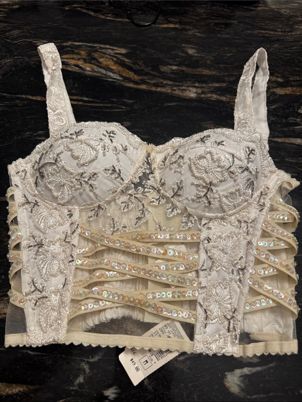 Ivory Floral Embroidered Sequin Bustier Bralette